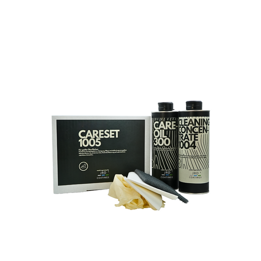 Care set for oiled surfaces with free gloves and application cloths